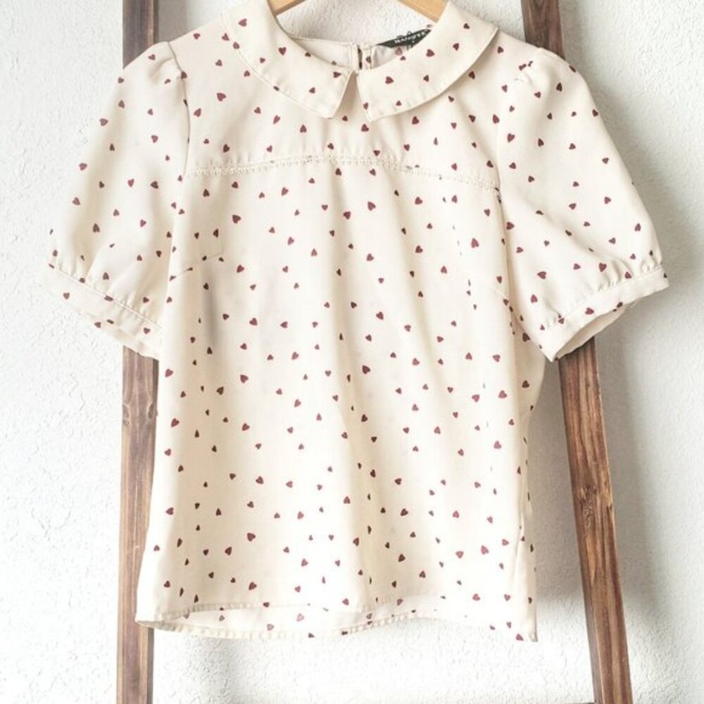 Vintage Heart Print Puff Short Sleeve Peter Pan Collar Blouse 